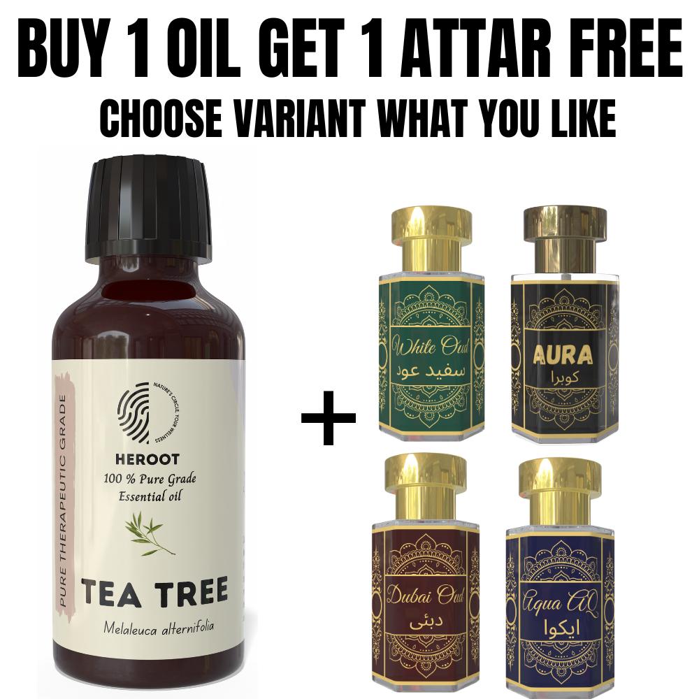 Tea Tree Essential Oil 10ml for Aromatherapy & Home Fragrance Get 1 Free 6 Ml Attar – Aqua AQ, Dubai Oud, Aura, White Oud