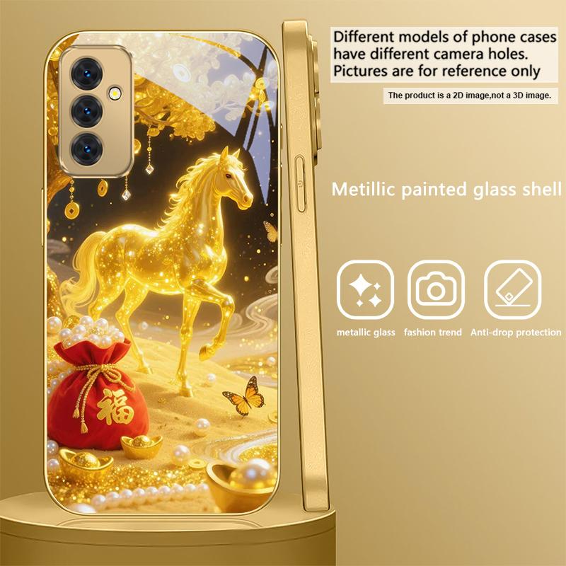 

Золотая счастливая лошадь Для Samsung Galaxy S 21 S22 S23 Plus S24 Ultra S20 FE 25Ultra S21+ S9+ 22Plus Золотой стеклянный чехол для телефона Galaxy S8