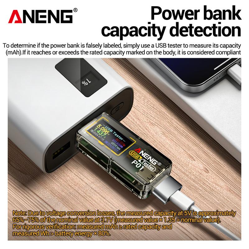 Digital Voltmeter Ammeter ANENG P01 USB Tester Meter 4V-30V Capacity Energy Temperature Fast Power Detector