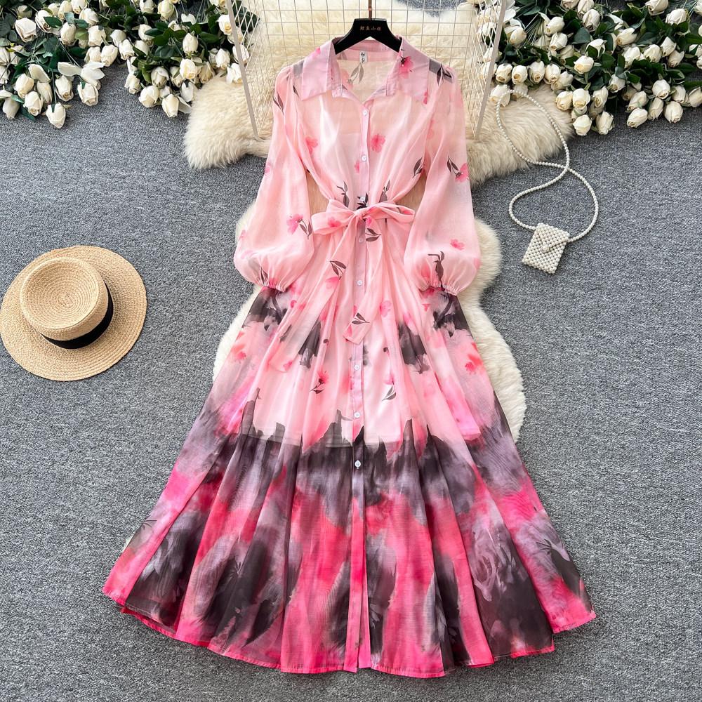 Gentle wind tie-dye gradual change printing temperament dress women's autumn long-sleeved waist A-shaped skirt vacation style commuter skirt