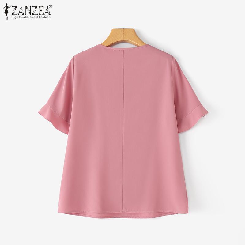 ZANZEA Women Casual Ruffles Round Neck Summer Short Sleeve Blouse
