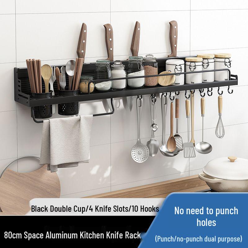 Punch-Free Aluminum Kitchen Wall Organizer: Multifunctional Rack for Utensils, Knives, Seasonings, and Chopsticks
