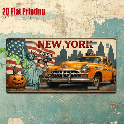Piatto 2D, 1 Pezzo Targa Metallica Vintage New York - Design Retro Taxi e Statua della Libertà - Tema New York per Garage, Caffè,