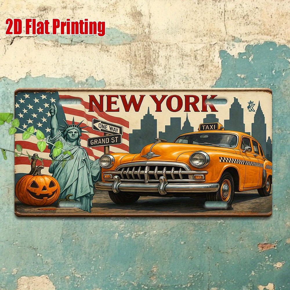 Piatto 2D, 1 Pezzo Targa Metallica Vintage New York - Design Retro Taxi e Statua della Libertà - Tema New York per Garage, Caffè,