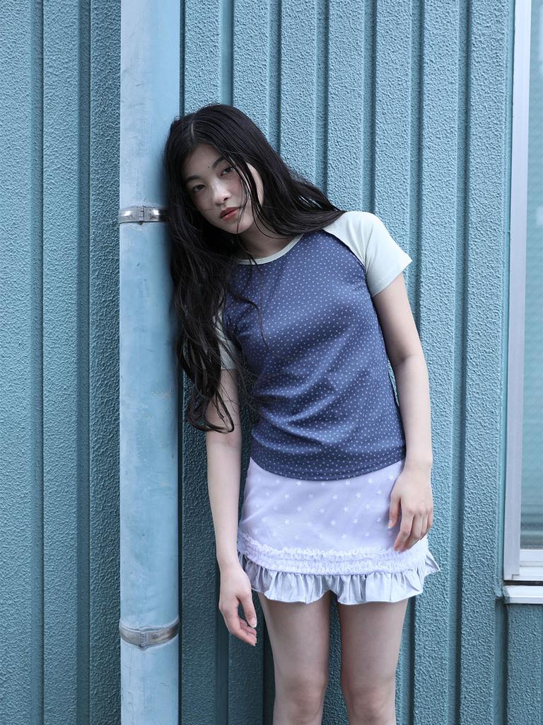 Eogeulliswedou Mesh Star Ruffle Mini Skirt (Blue)