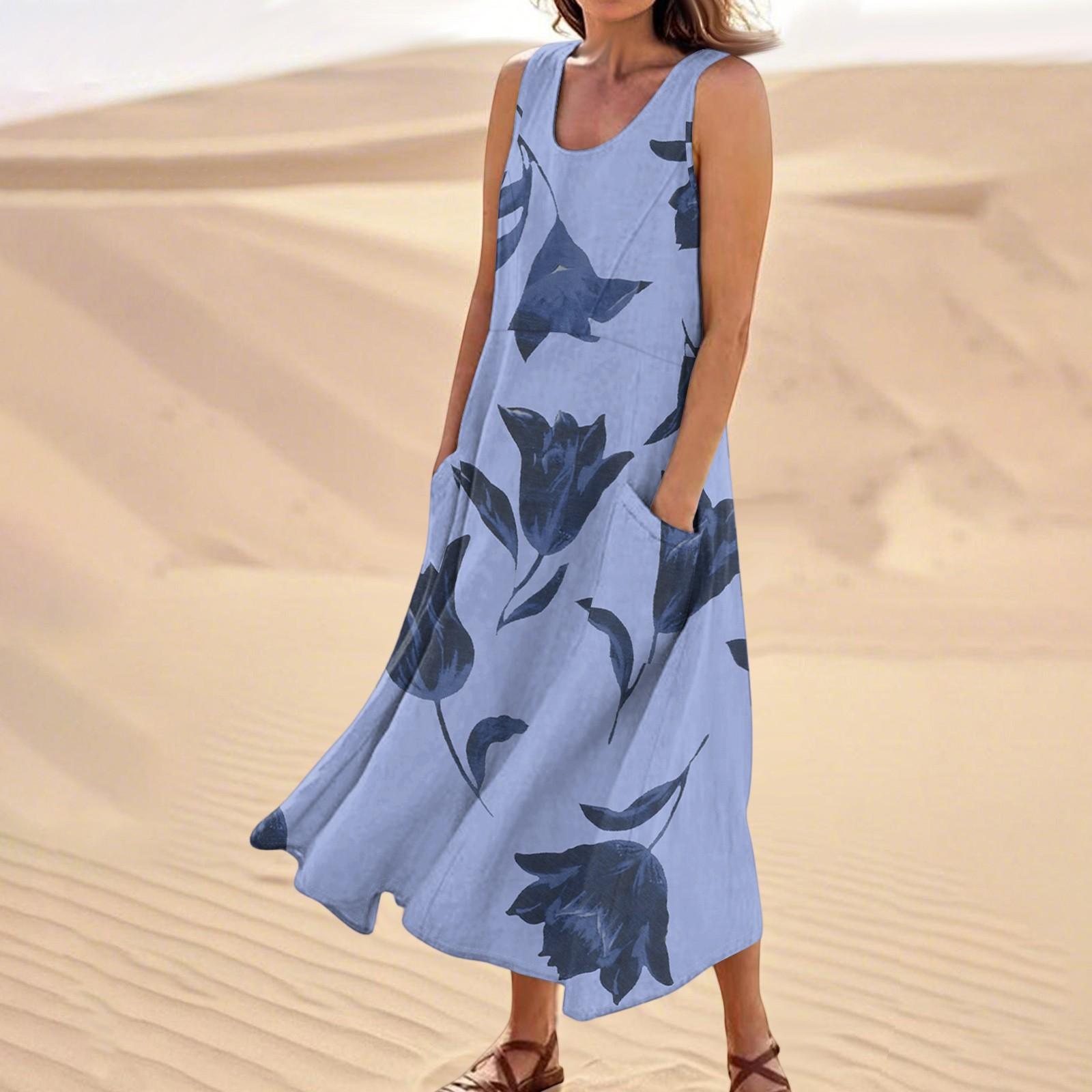 

Женское летнее повседневное модное платье без рукавов с цветочным принтом и карманом XL