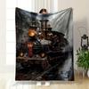 An Ornate Steam Locomotive with Golden Accents Emits Smoke On Wet Tracks. for All Seasons Blanket Lunch Break Throw Gift