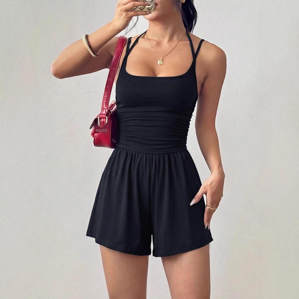 2026 Summer Women's Spaghetti Strap Casual Bandeau Jumpsuit with Wide Leg Shorts