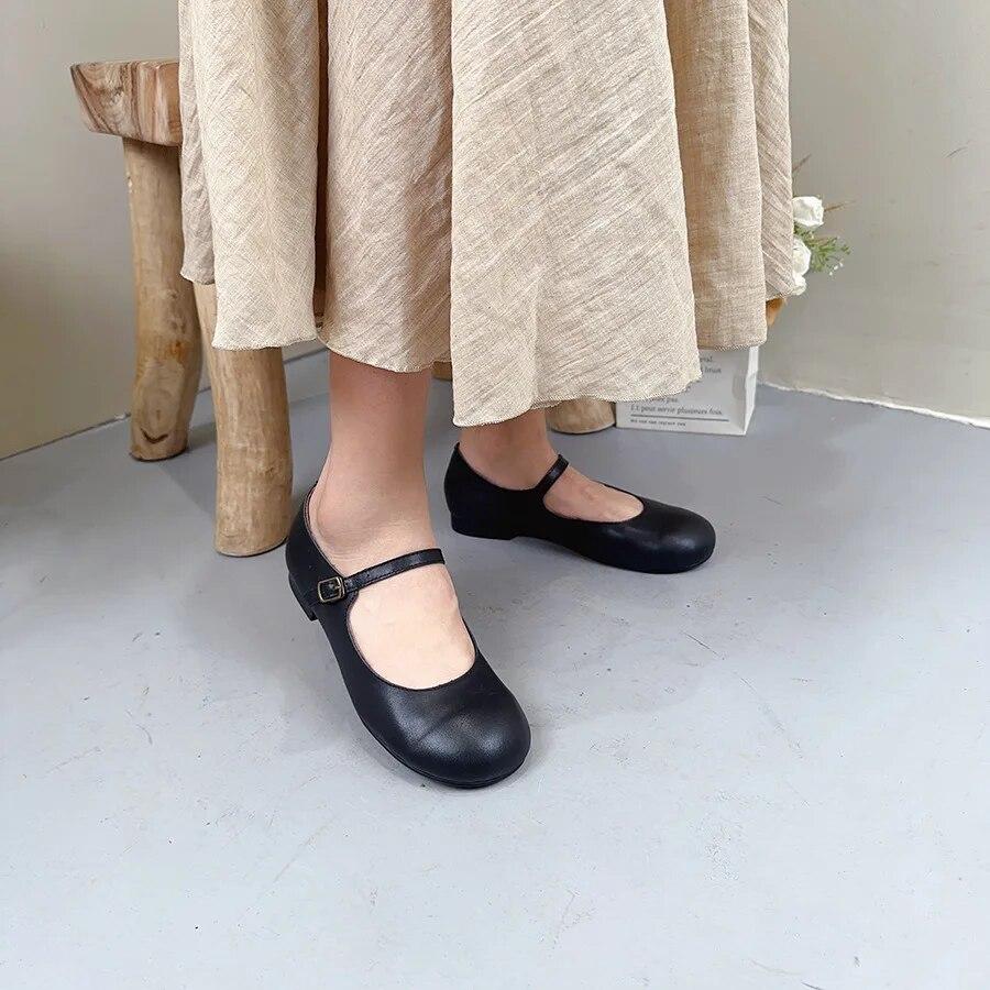 Johnature Genuine Leather Shallow Buckle Low Heel Shoes Solid Color Round Toe Versatile Women's Pumps
