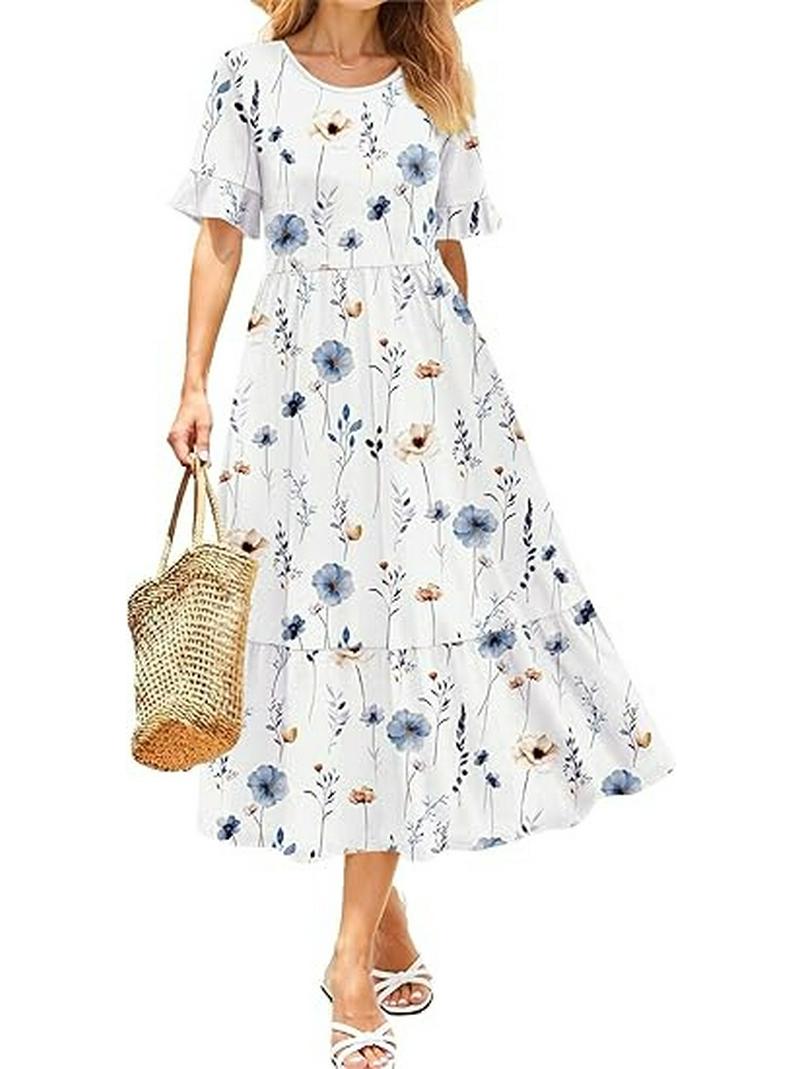 2026 Summer Printed Pleated Layered Short-Sleeve Pocket Dress M