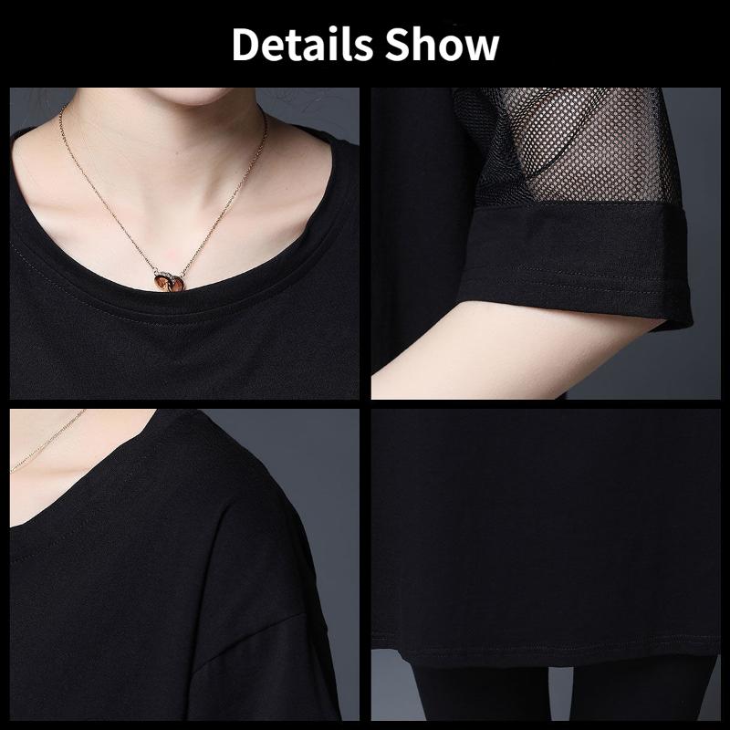 Mittleres und langes Oberteil zum Bedecken des Bauchs, kurzärmeliges Sommer-T-Shirt mit Netz-Patchwork für Mütter mittleren Alters und lockeres, großes, schmales Oberteil