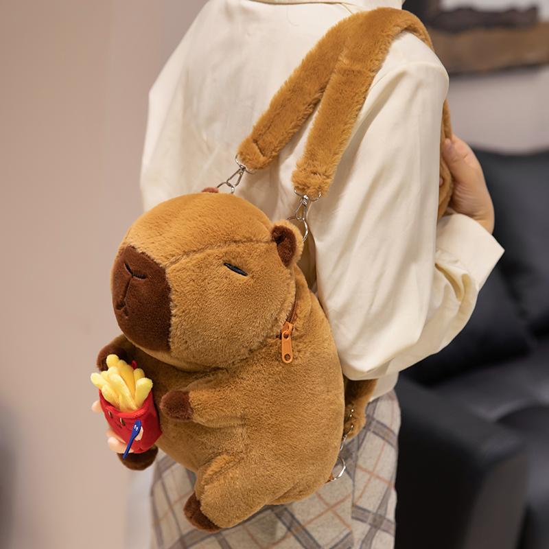 35CM Schöner Capybara Rucksack Plüschtiere Cartoon Capybara hält Hamburger Blumen Plüschpuppe Gefüllter Weicher Rucksack