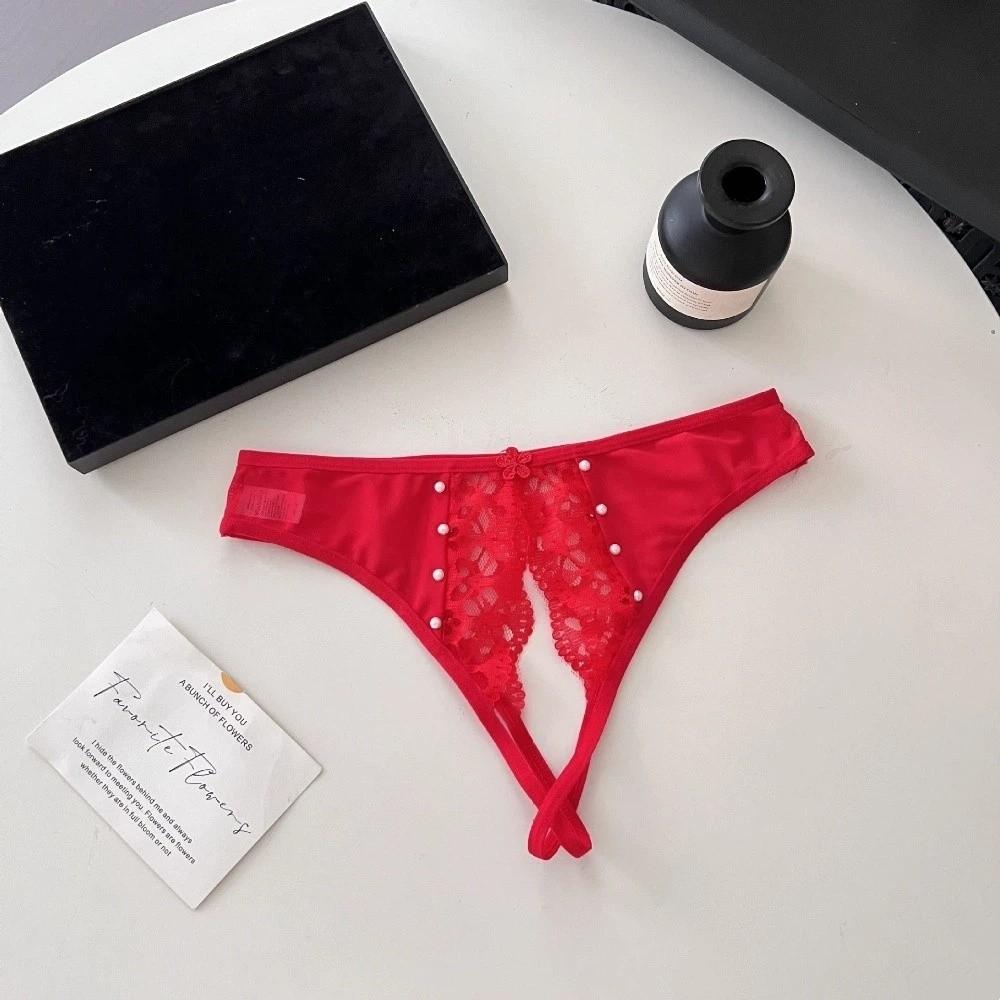 Low Waist Lace Flower Briefs Women Pearl Decor Mesh T Panties Sheer Mesh Lace Thong  Home