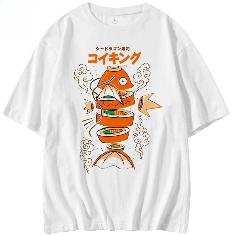 

Japanese Style Pokemon King Carp Magikarp Sushi Sashimi Short Sleeved Pure Cotton Tshirt Loose Mens and Womens Summer Tops S