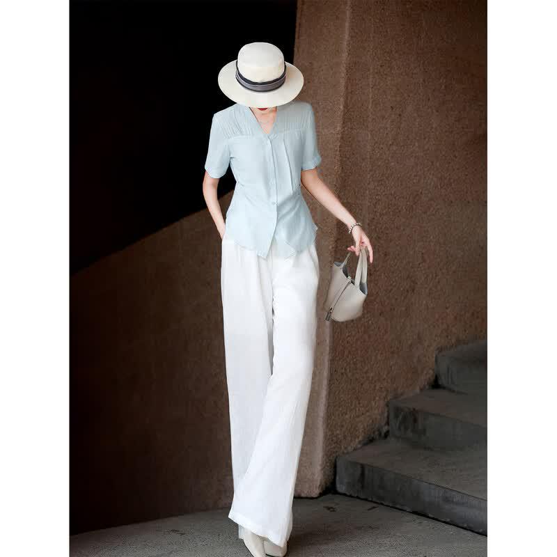 Women's Elegant V-Neck Patchwork Short Sleeve Blouse