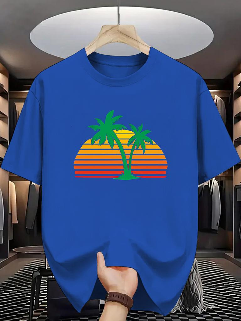 Unisex White Tee Retro Sunset Palm Tree Tropical Beach Graphic Print Crew Neck Short Sleeve Summer Casual Male Cotton Street Top