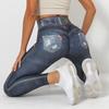 Digital bedruckte Denim-Hose in Blau, enge Höhe, schnelltrocknende Yoga-Hose, Sport-Laufhose, Fitness-Hose für Damen