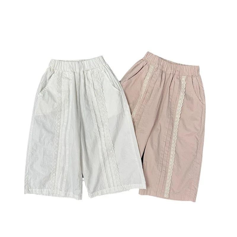 Children Pants Summer Korean Pastoral Lace Girl's Straight Wide Leg Pants Kid's Trousers