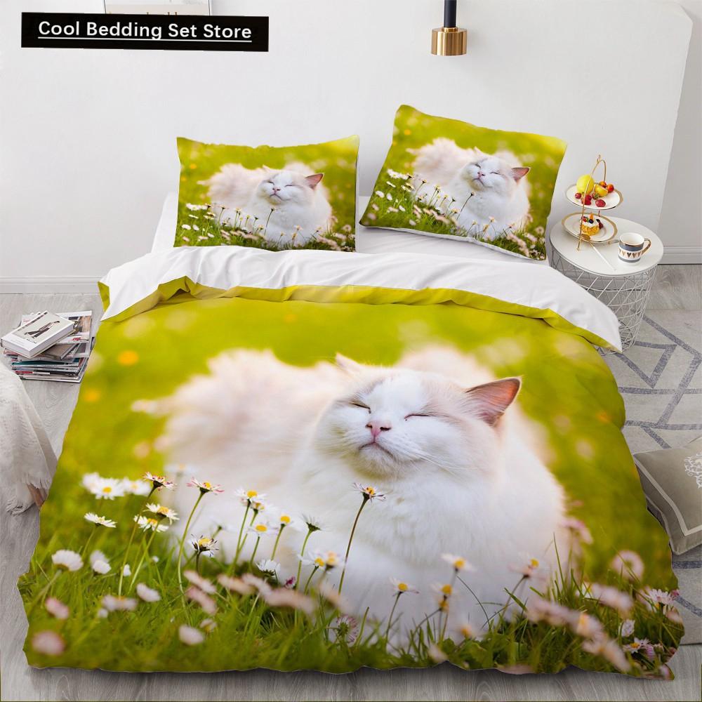 3D Cat King Queen Duvet Cover Lovely Grey White Kitty Bedding Set for Kids Teens Adults Scottish Fold Soft 2/3pcs Quilt Cover