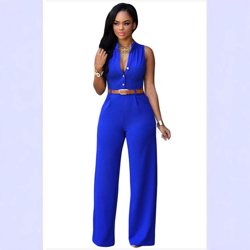 Women's Single-Breasted High Waist Belted Wide Leg Jumpsuit