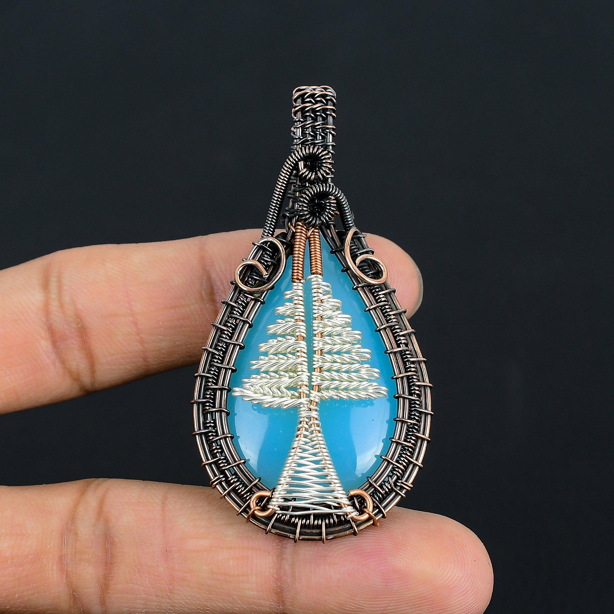 

Tree Of Life Blue Chalcedony 999 Copper Wire Wrapped Pendant, Handmade Gemstone Pendant Jewelry, Gifts For Wife Brand New Pendant 2.55 Inches