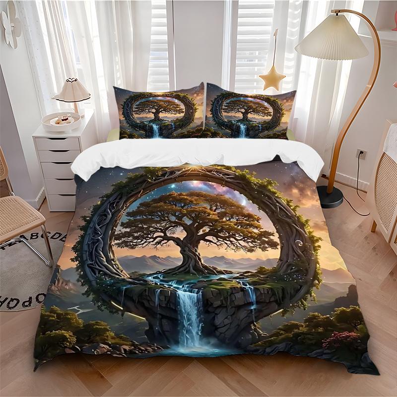 3pcs Fantasy Landscape with a Mystical Tree Quilt Set - Soft and Comfortable Bedroom, Guest Room and Dorm Decor Bedding Set 1 Quilt Cover + 2 Pil