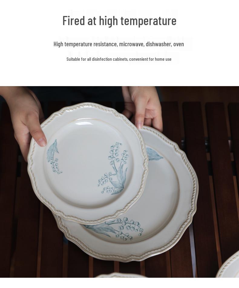 French Retro Lily of the Valley Tableware Set: Ceramic Dinner Plates, Rice Bowls, Steamed Fish Plates, and Household Dish Set.