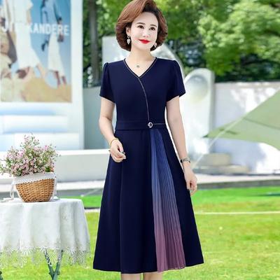 Round Neck Contrasting Color Splicing Pullover Short-sleeved Women's Elegant Casual Fashion Dress