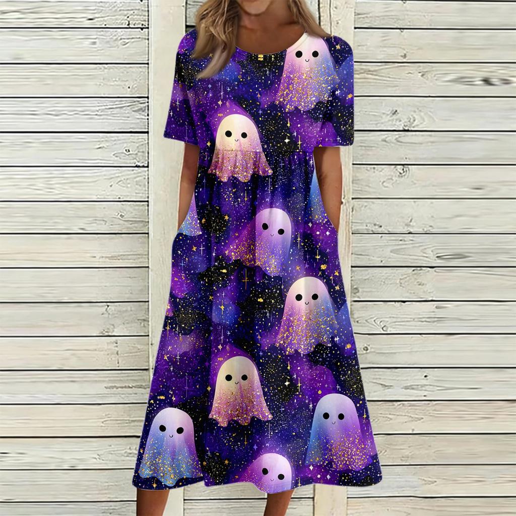 Women's Halloween Print Casual Fashion Round Neck Pocket Midi Dress Comfortable Loose Fit Short Sleeve Dress for Everyday Wear