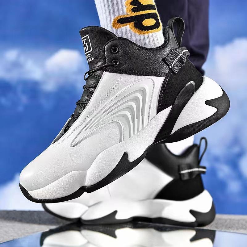 Tjockbottnade läder herrskor trendiga sportskor halkfria faktiska strid ungdom basket skor