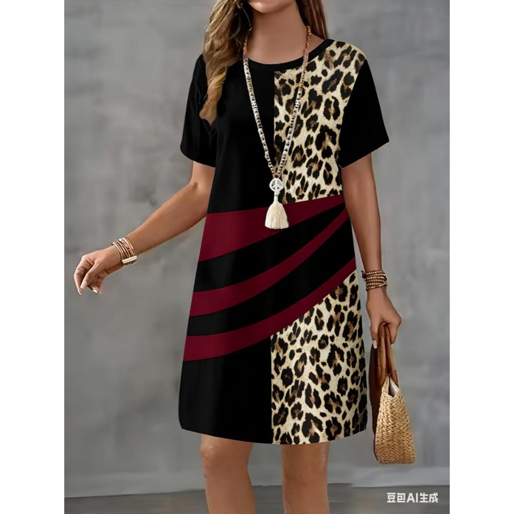 Short-sleeved fashionable yellow leopard print 3D printed women's round-neck loose mini dress for casual wear