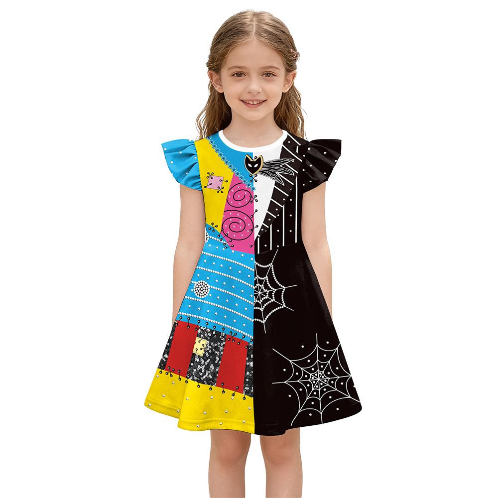 Sally Dress for Girls, Ruffle Spider Web Print Costume Dress, Halloween Nightmare Before Christmas Cosplay Dress, Cute Pumpkin Party Outfit