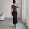 2026 Lace Panel Slim Fit Off-Shoulder Bodycon Maxi Dress Black