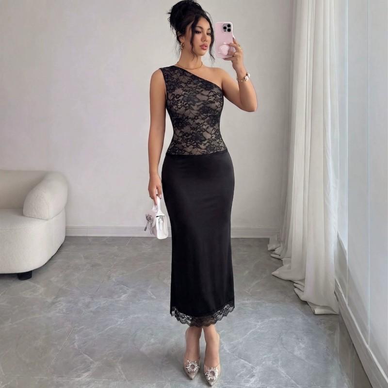 2026 Lace Panel Slim Fit Off-Shoulder Bodycon Maxi Dress Black