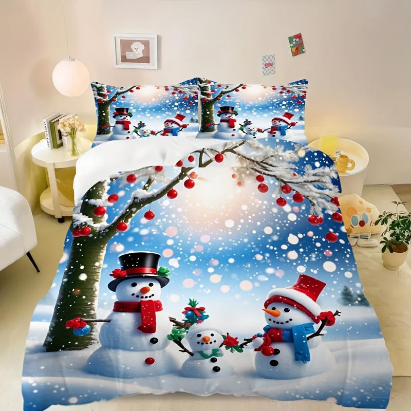 3pcs Christmas Snowman Duvet Cover Set High-Quality Printed Bedding Soft and Comfortable Microfiber with Zipper Closure