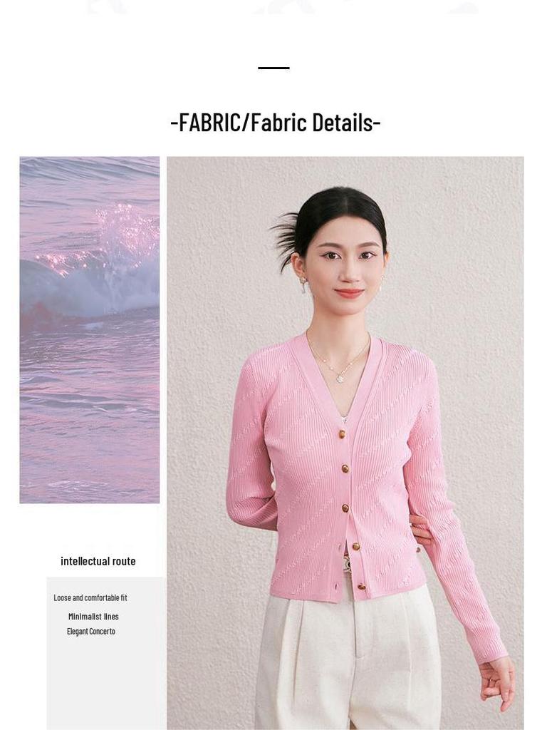 2025 Autumn/Winter V-neck Long Sleeve Single-Breasted Diagonal Stripe Knit Cardigan Outerwear