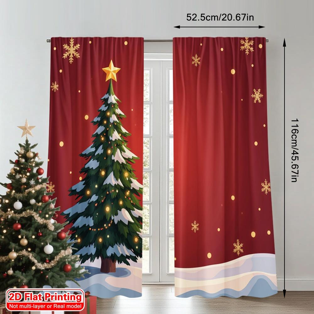 2pcs 2D Flat Printing Merry Christmas Window Curtains Golden Christmas Tree Snowflakes Polyester Fabric Without Electricity