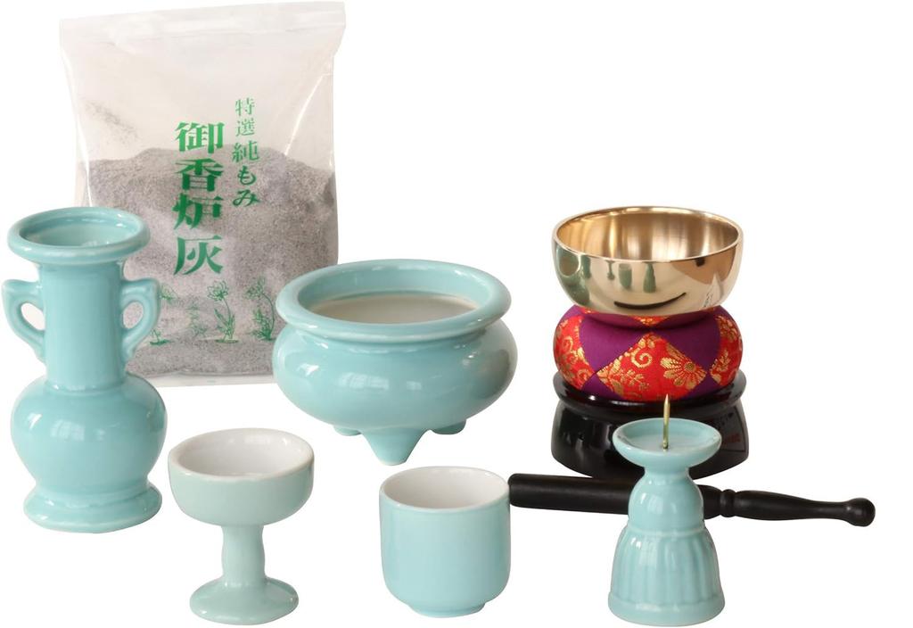 5-piece Buddhist Altar Set In Plain Celadon Ceramic with Bell and Incense Burner Ash Included for Modern Miniature Buddhist Altars