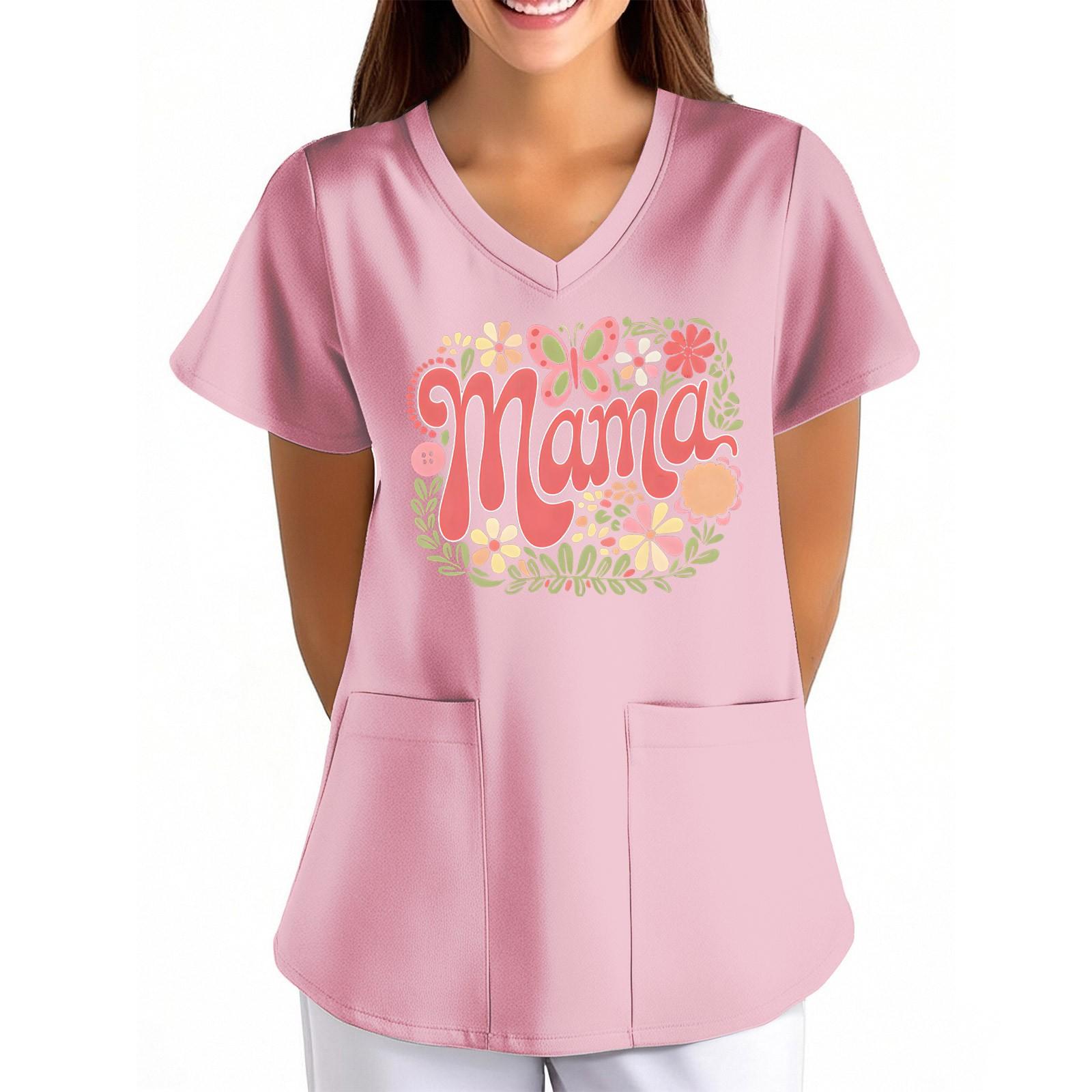 

Женская униформа с принтом ко Дню матери, свободная, с V-образным вырезом, карманом и коротким рукавомУниформа XXL оранжевый