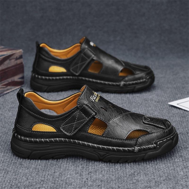 

Мужские сандалии с вырезами из кожи на толстой подошве, пляжная обувь, нескользящие сандалии ручной работы, универсальные мужские балетки, летняя уличная обувь 39 чёрный