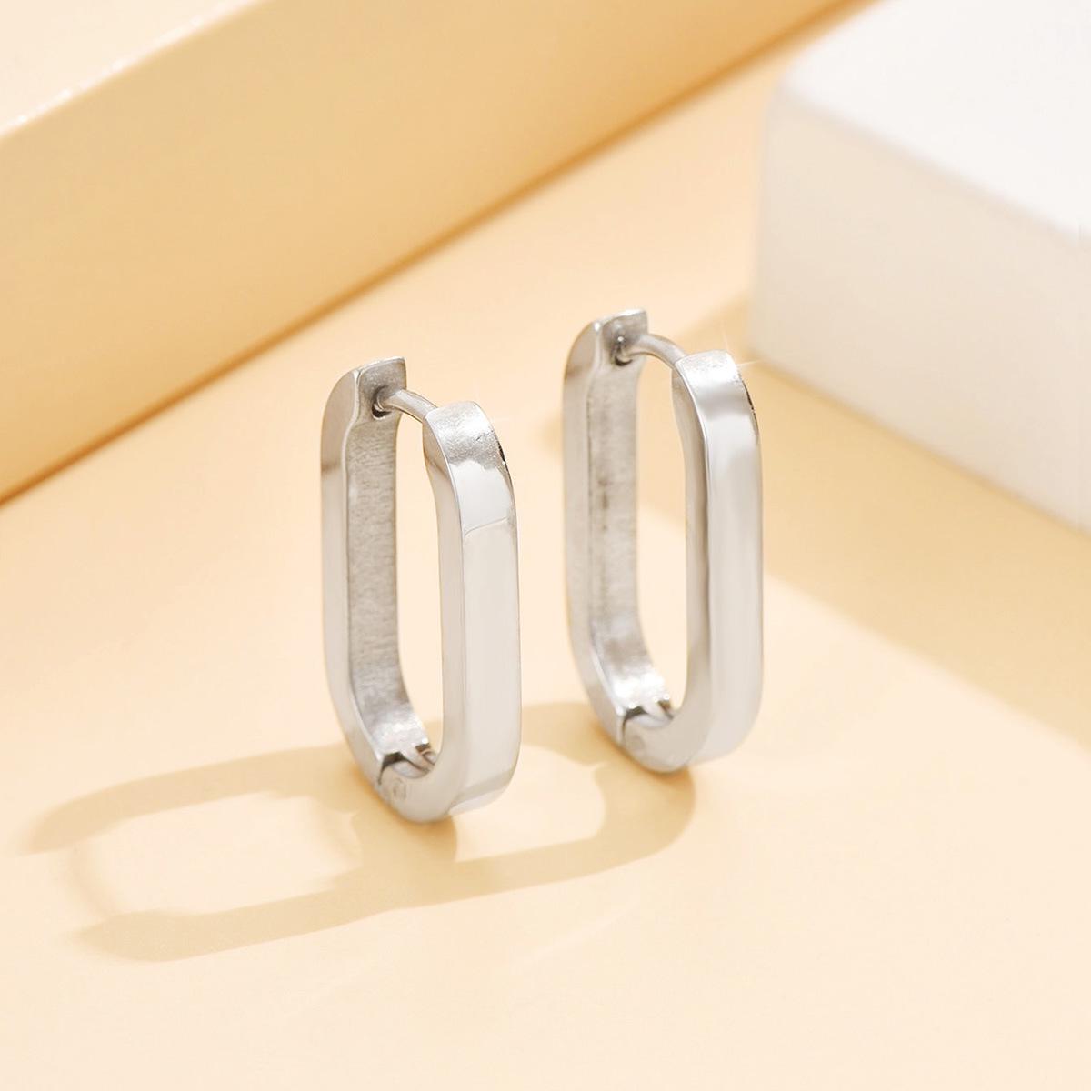 Unisex U-Shaped Stainless Steel Oval Ear Clips Studs in Geometric Design