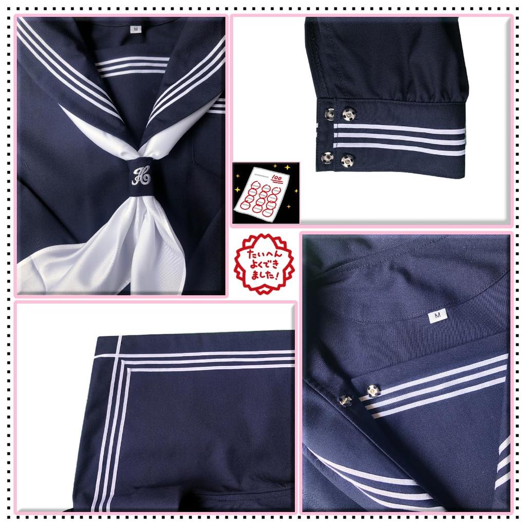 [FULL CHECK] Sailor Suit, Authentic School Uniform Costume with Pleated Skirt (XL, Navy Blue (Long Sleeve Top + Scarf + 80cm Skirt))