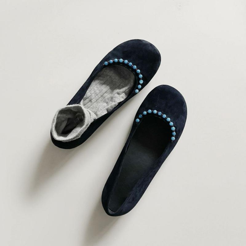 Retro Shallow Leather Small Single Shoes Women's One-pedal Round Head Grandma Shoes Beaded with Skirt Flats