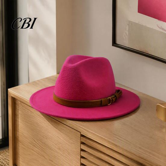 Outdoor Hiking Headwear Wool Felt Fedora Hat, Unisex Panama Hat with Faux Leather Band, Casual Daily Wear Wide Brim Vintage Trilby for Women