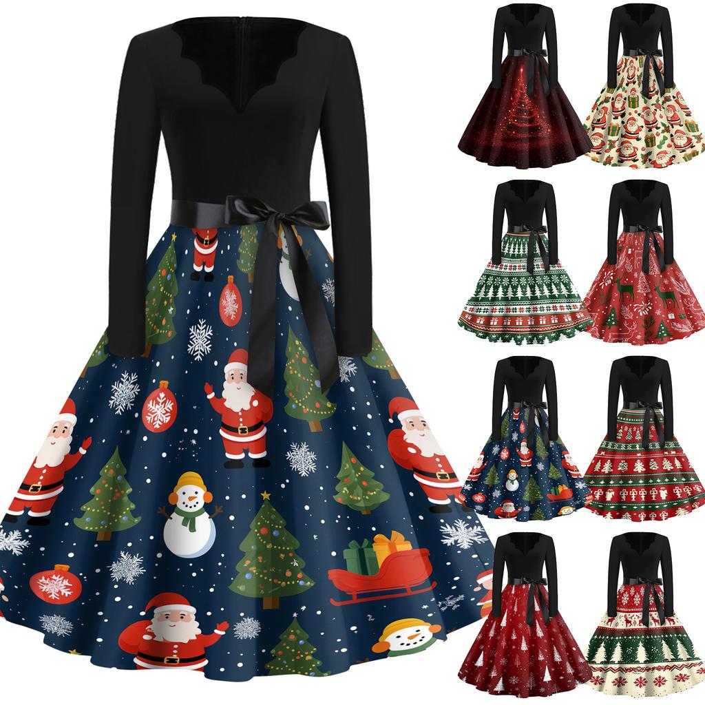 Women's Casual Christmas Print V-Neck Vintage Dress for Holiday Party and Daily Wear