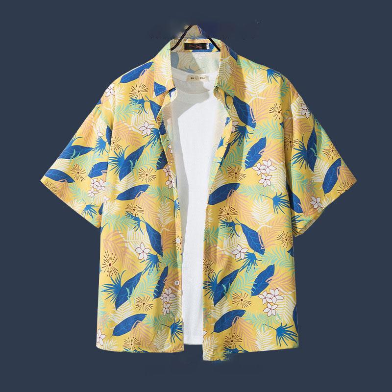 Retro Floral Short Sleeve Shirt Men Trendy Personalized Versatile Cool Five-point Sleeve Summer Hawaii Clothing Trend
