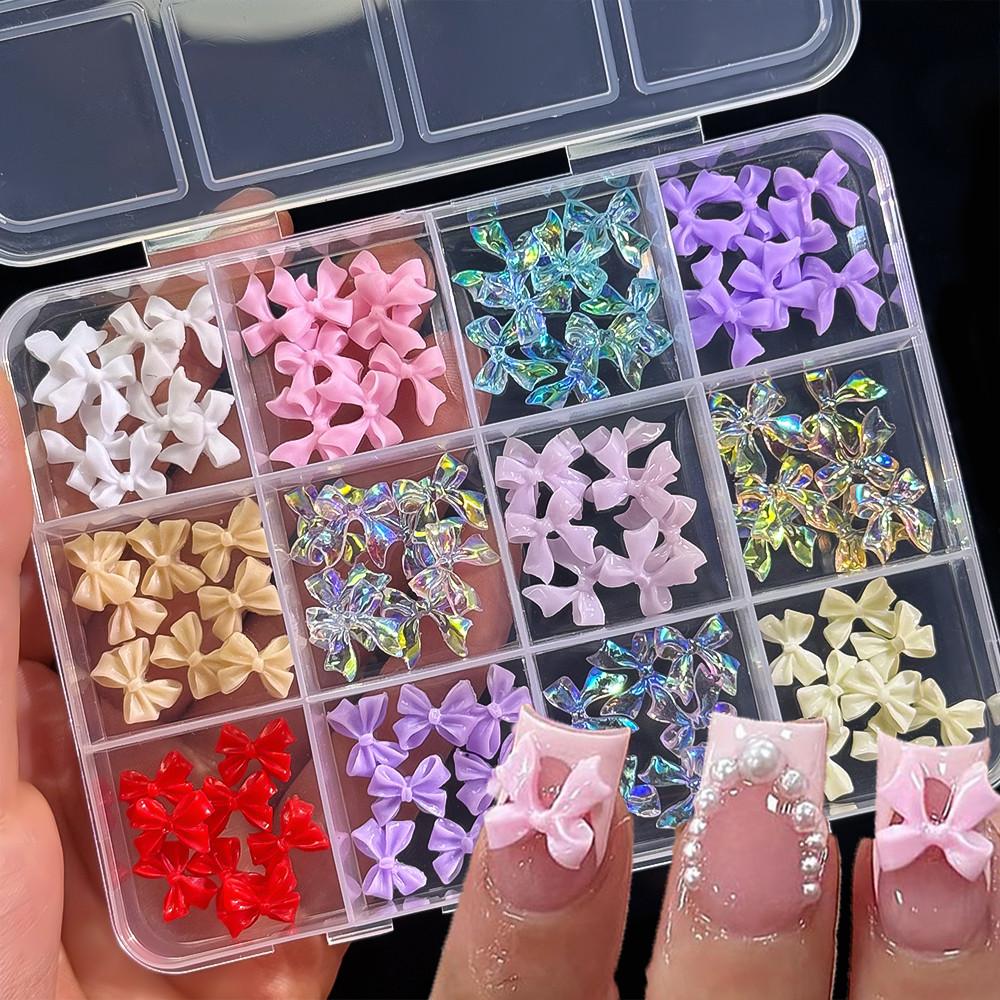 Smíšené 3D pryskyřičné mašličky ozdoby na nehty růžové/bílé/fialové aurora mašle flatback nehtové drahokamy kawaii mašle DIY manikúrní dekorace