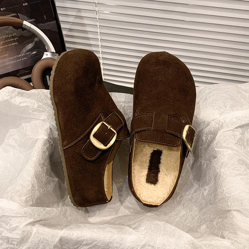 

Thick bottom inner height increase one pedal bag head half slippers women wear winter new cotton slippers velvet 40 темно-коричневого