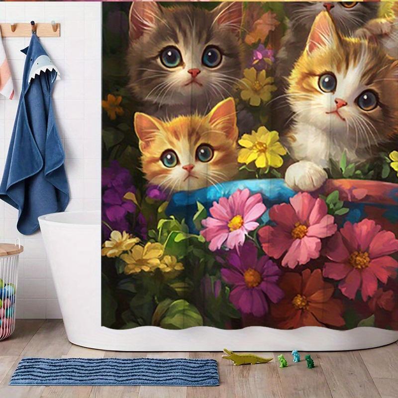 Adorable Kittens & Vibrant Flowers Shower Curtain - Playful Polyester, 12 Hooks,Washable & Easy To Hang, Ideal For Bathtub