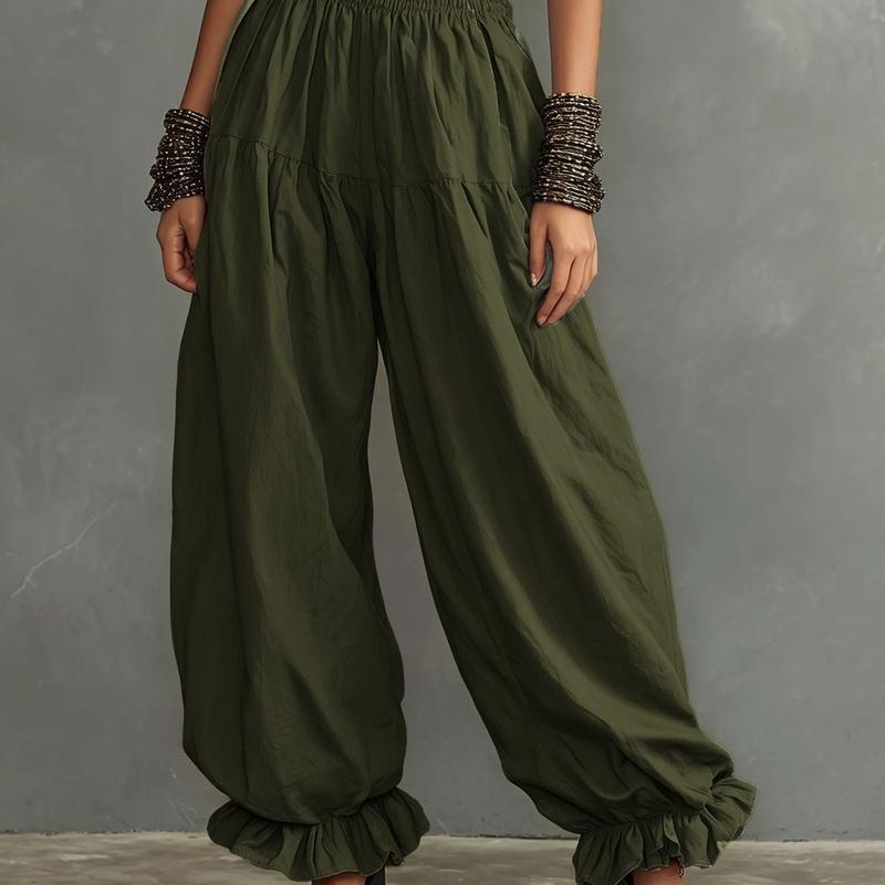 Women's Smocked Waist Harem Pants Loose Balloon Trousers Ruffle Ankle Casual Summer Pants